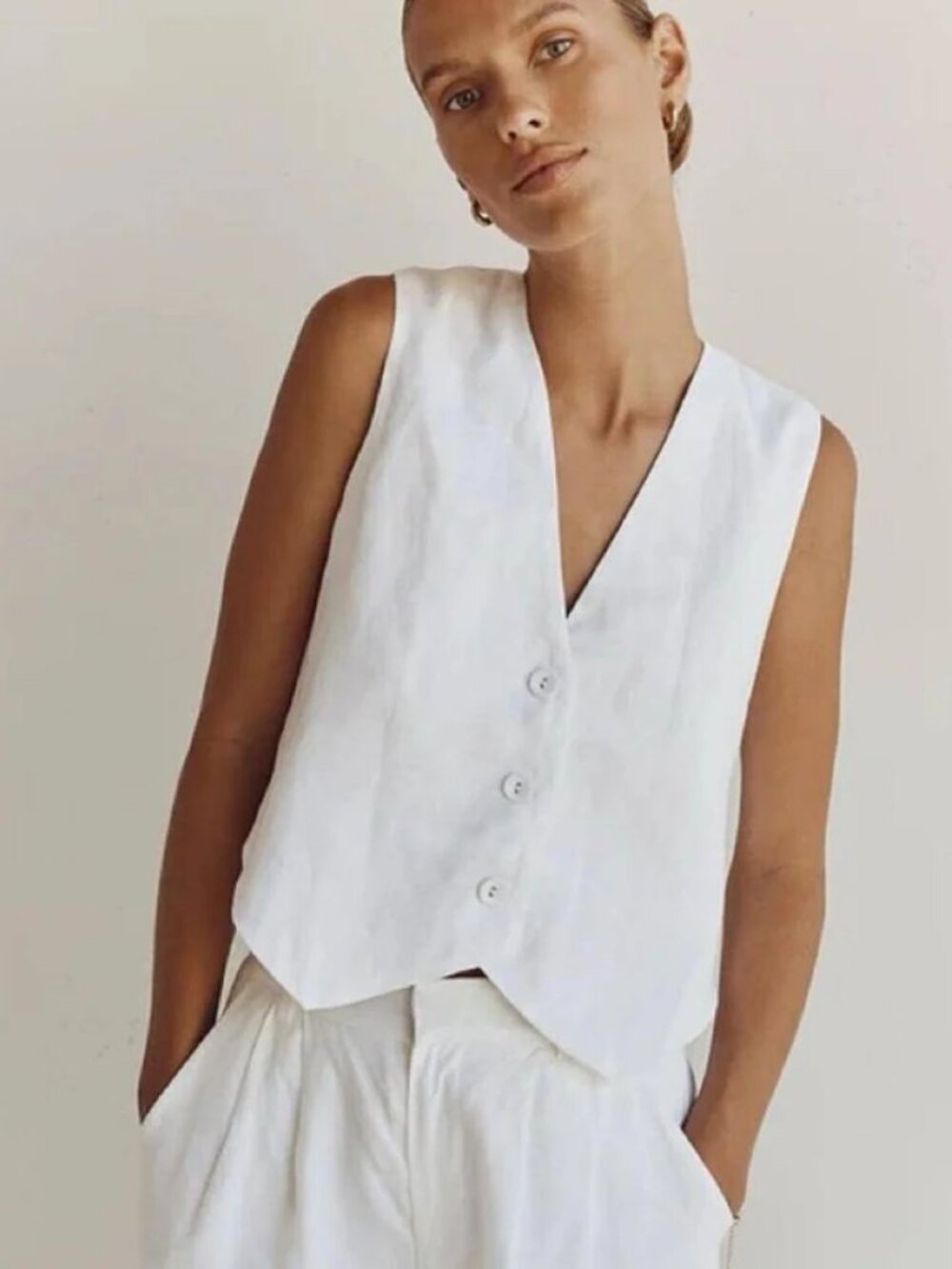 Dissh 100% Linen White Cropped V-Neck Vest Waistcoat Size - 10